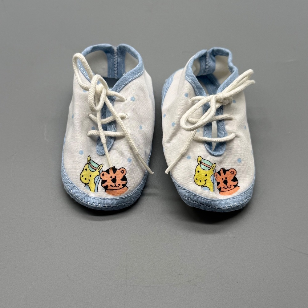 Vintage Baby Soft Sole Crib Shoes Newborn White Blue Polka Dot Animal 90s 80s